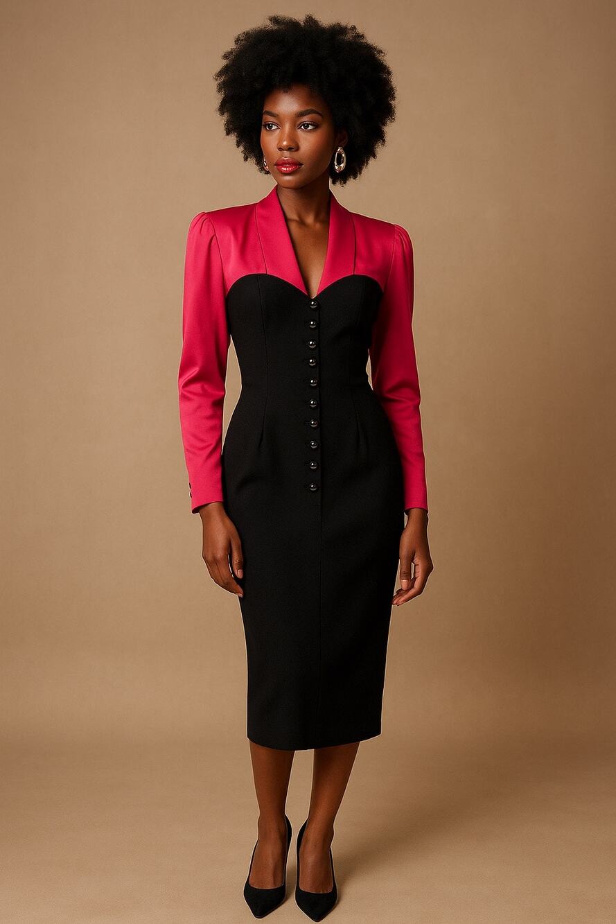 Vintage French Couture black Wool & pink Satin Midi Dress Boutique Paris France
